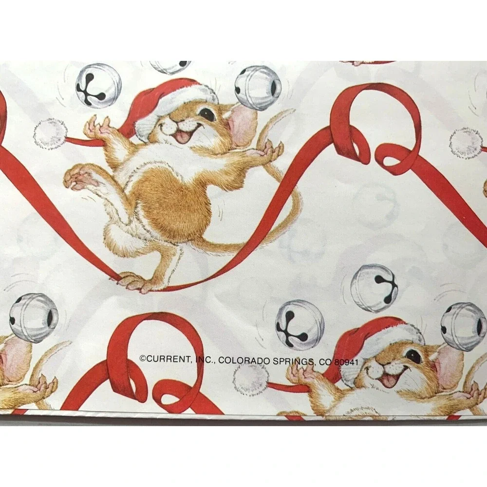 Full Sheet Vtg Current Jingle Bell Mouse Christmas Giftwrap Wrapping Paper Card